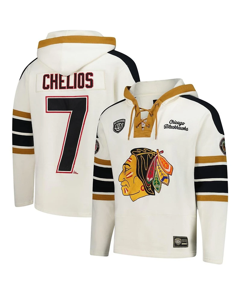 '47 Brand Men's Chris Chelios Cream Chicago Blackhawks Blue Line Heritage Name & Number Lace-Up Pullover Hoodie