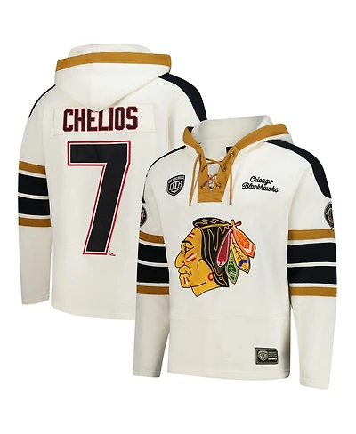 '47 Brand Men's Chris Chelios Cream Chicago Blackhawks Blue Line Heritage Name & Number Lace-Up Pullover Hoodie
