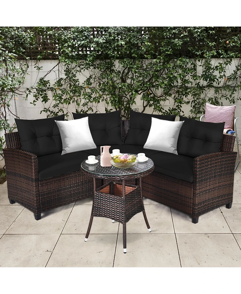 Gymax 4PCS Rattan Outdoor Patio Furniture Set Sectional Sofa Set w/ Cushions
