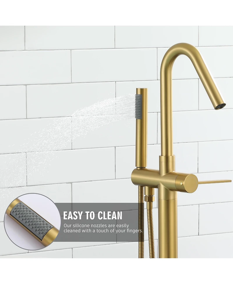 Brushed Gold Floor Mounted Tub Filler Shower Faucet Single Handle Freestanding Bathtub Faucet Bathtub Shower Mixer Tap with Handheld Shower Sprayer
