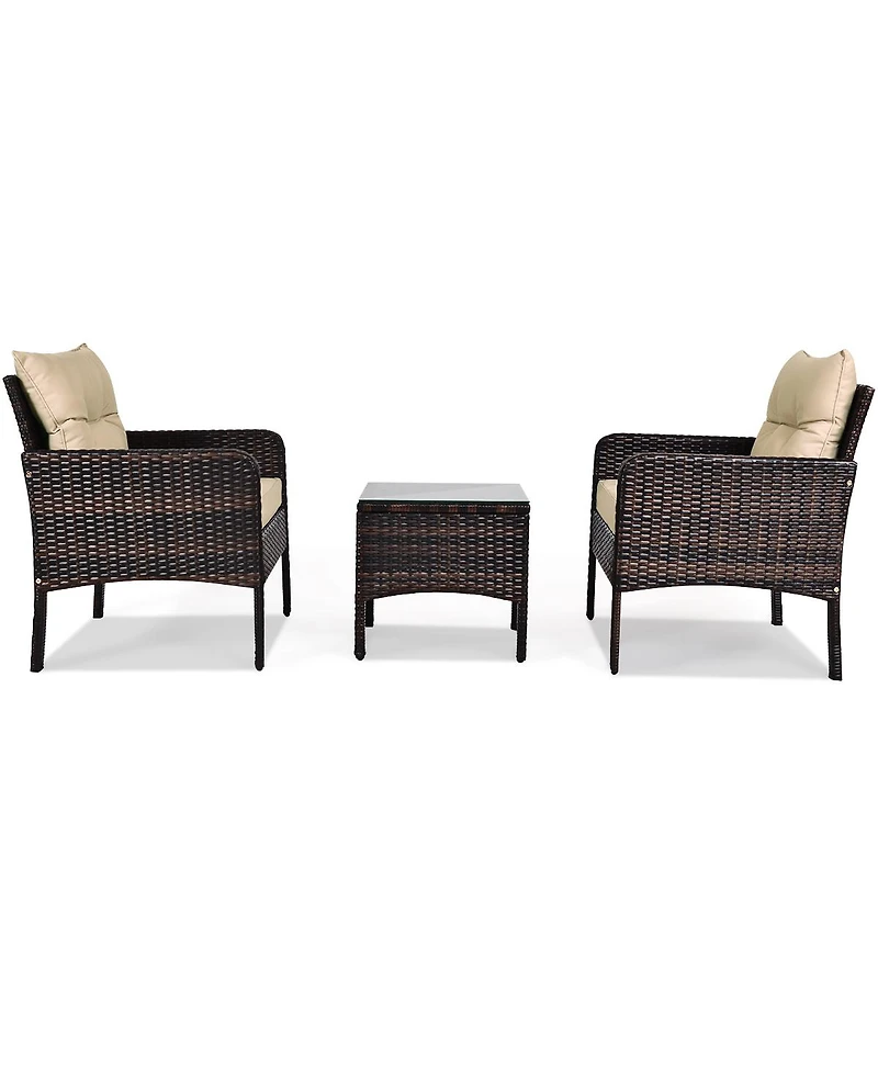 Gymax 3PCS Outdoor Patio Rattan Furniture Set w/ Chairs Coffee Table Cushions
