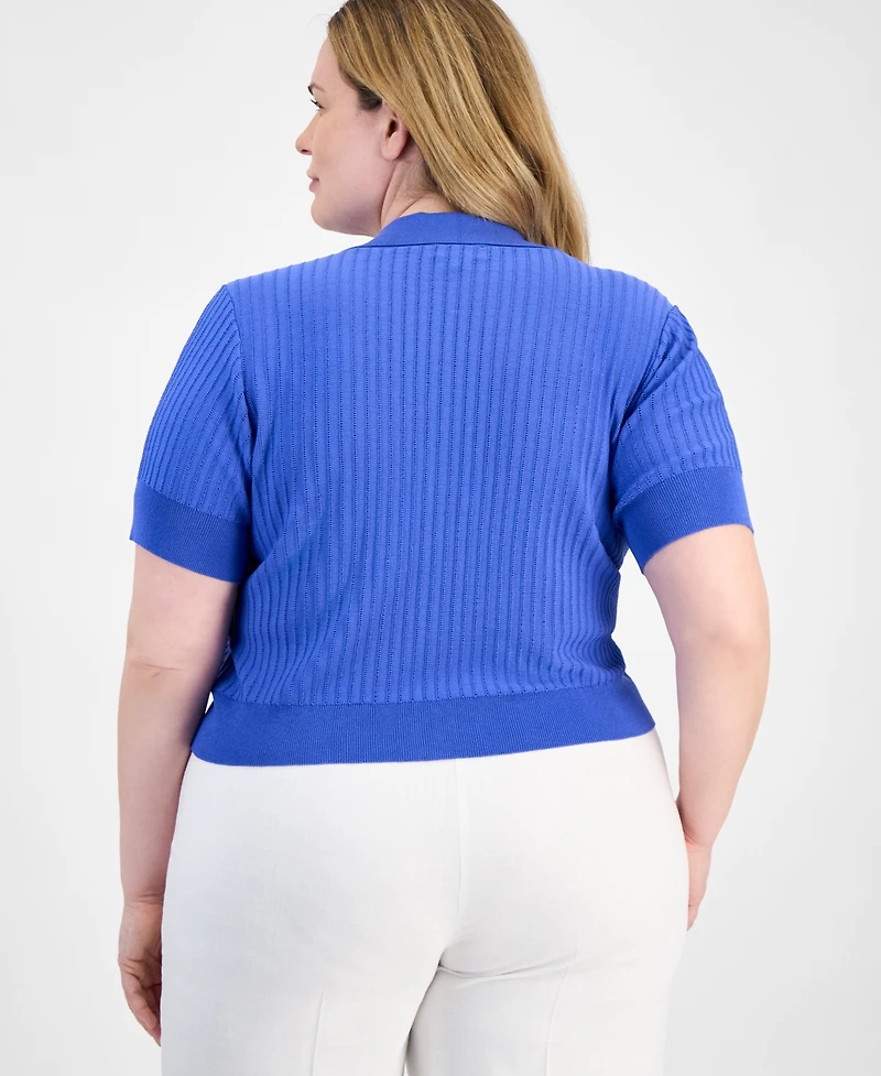 Tahari Asl Plus Short-Sleeve Pointelle Cardigan