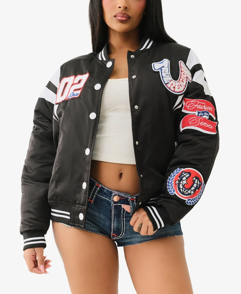 True Religion Women's Satin Oversized Varsity Bomber Jacket