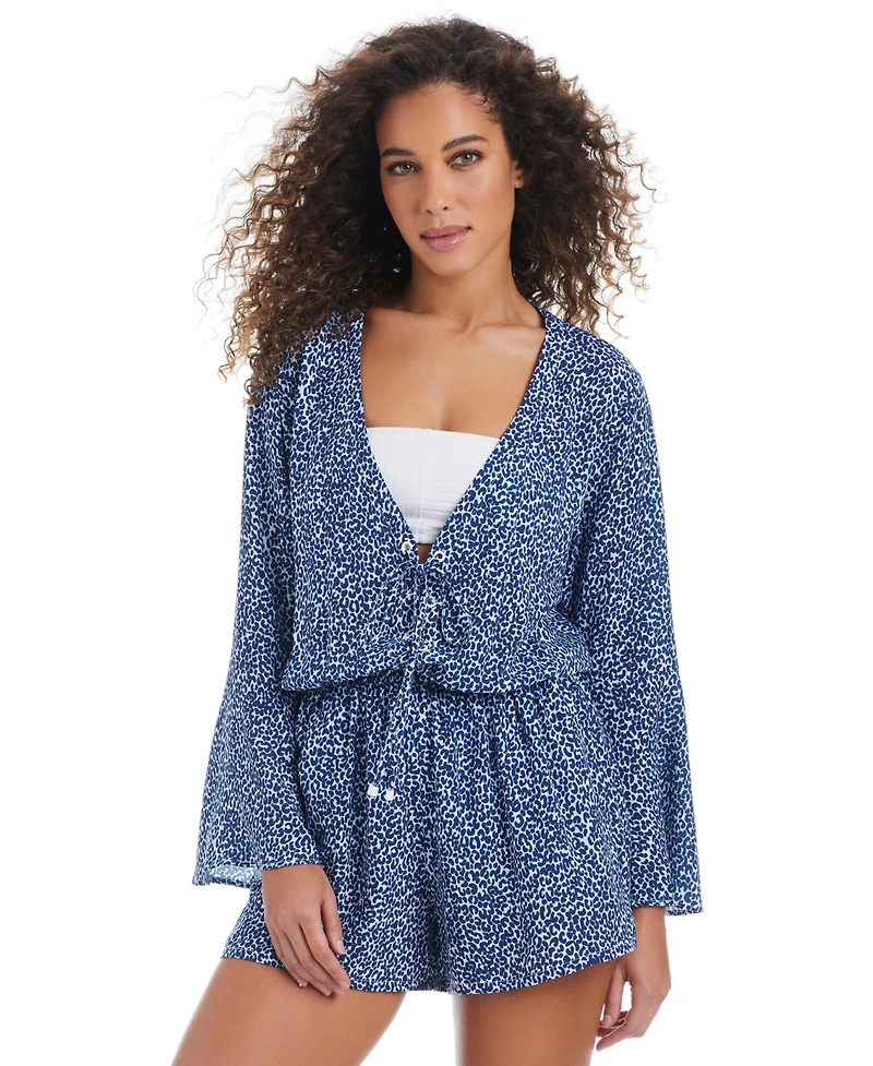 Bar Iii Women's On The Prowl Long Sleeve Lace-Up Romper Swim Cover-Up, Exclusively at Macy's