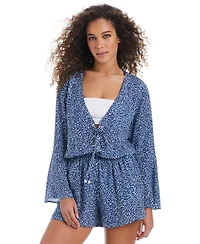 Bar Iii Women's On The Prowl Long Sleeve Lace-Up Romper Swim Cover-Up, Exclusively at Macy's