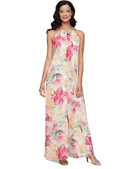 Sl Fashions Women's Floral-Print Beaded Halter Gown