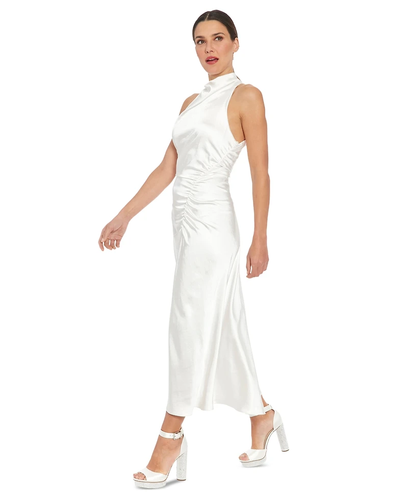 London Times Petite Satin Side-Ruched Cowlneck Midi Dress