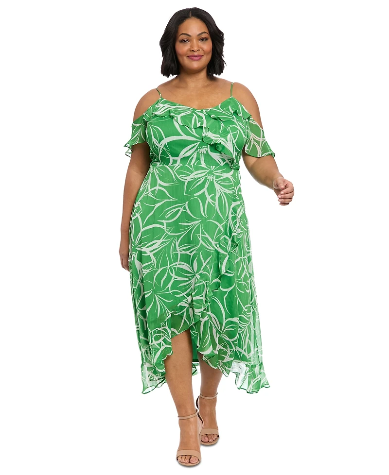 London Times Plus Size Printed Cold-Shoulder Ruffle Dress