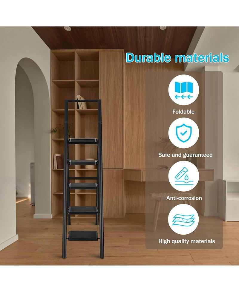 5 Aluminum Step Ladder, 5 Step Stool Folding Step Stool with Handrails, Sturdy Step Stool for Adult, Gorilla Ladders 500LBS Capacity Sturdy& Portable