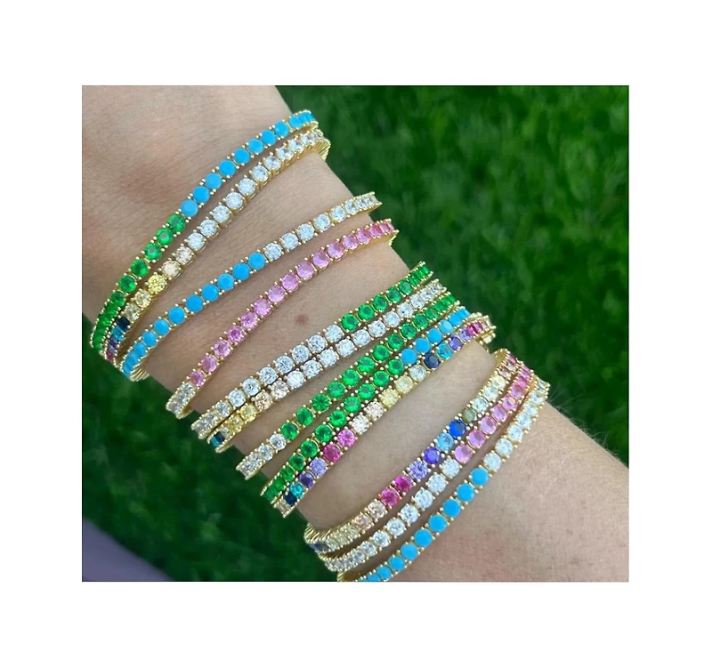 Half Turquoise Half Cubic Zirconia Tennis Bracelet Yellow Gold Tone