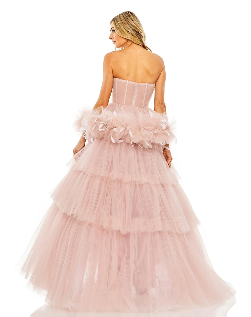 Mac Duggal Women's Strapless Tulle Gown with Feather Detail