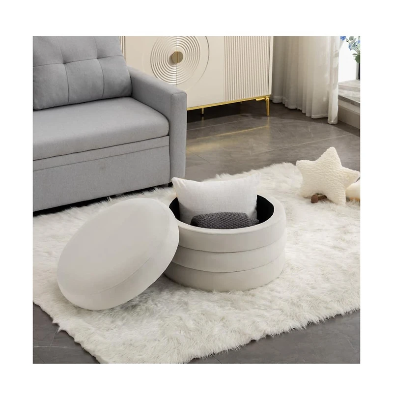 Round Velvet Storage Ottoman, 24" Upholstered Footstool, Makeup Stool, Bedroom Bench, Living Room Accent Seat-The Pop Home