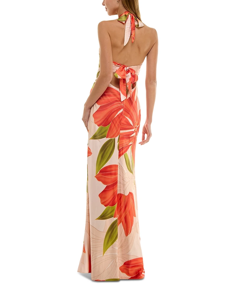 Seni & Cade Juniors' Printed Halter-Neck Satin Long Dress