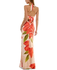 Seni & Cade Juniors' Printed Halter-Neck Satin Long Dress