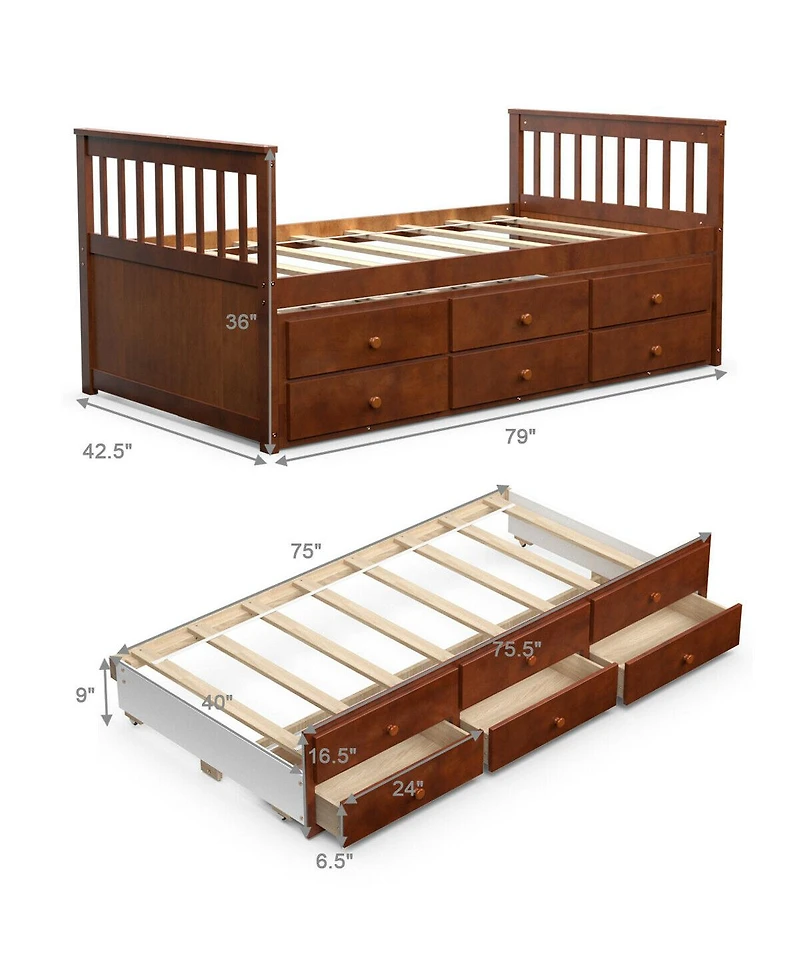 Twin Captain's Bed with Trundle and 3 Storage Drawers