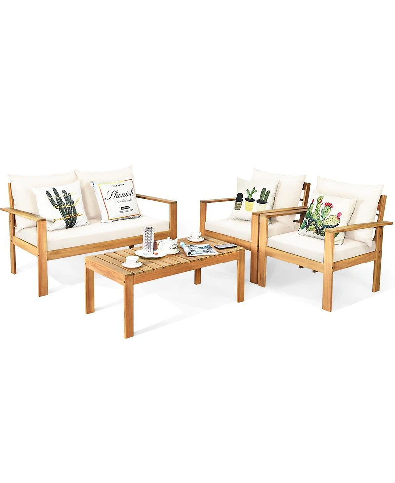 Gymax 4 Piece Outdoor Furniture Set Patio Acacia Wood Conversation Set w/ Cushions