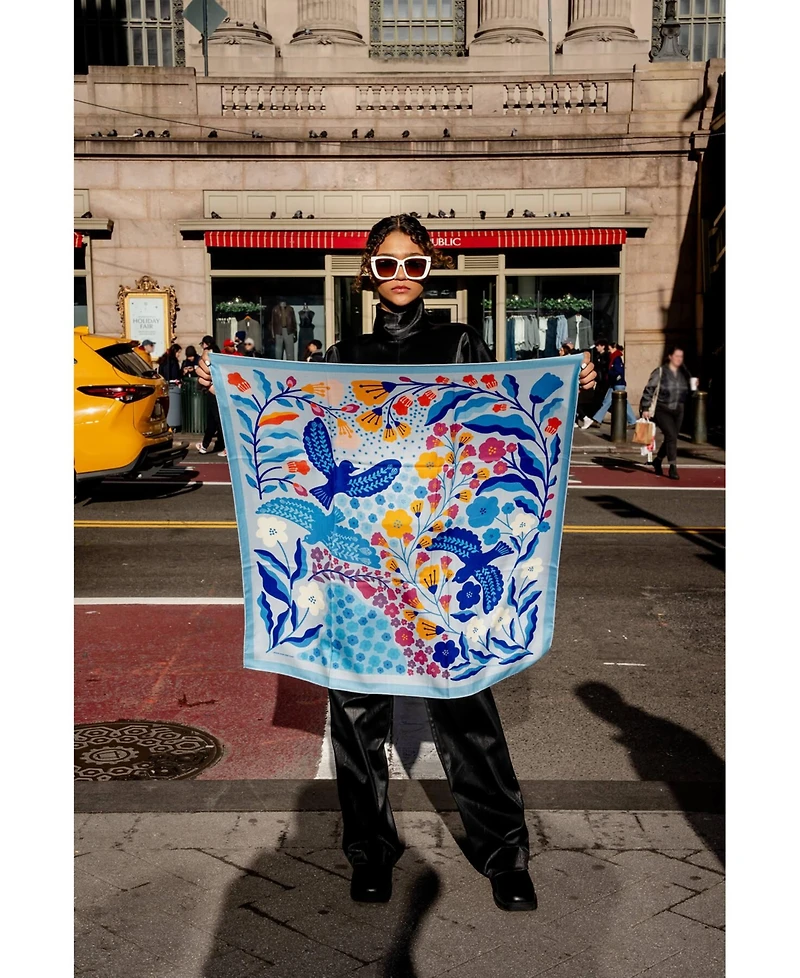 Jessie Zhao New York Double Sided Wool Silk Scarf Of Blue Bird