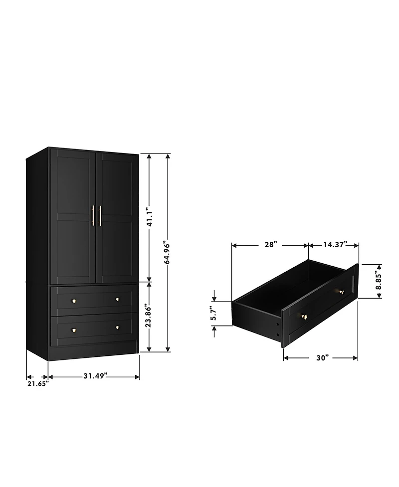 Lovmor Shaker Style Classic Two-Door Wardrobe, Solid Wood Bedroom Armoire with Hanging Rod and Shelves