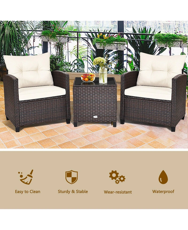 Gymax 3PCS Patio Outdoor Rattan Conversation Set Garden Yard w/ Cushions Coffee Table