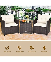 Gymax 3PCS Patio Outdoor Rattan Conversation Set Garden Yard w/ Cushions Coffee Table