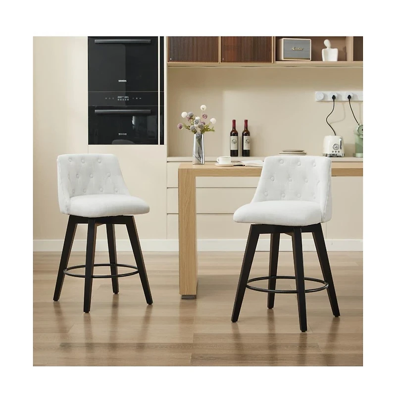 Set of 2 Swivel 25'' Counter Height Stools, Linen Upholstered Kitchen Island Chairs with Tufted Back -The Pop Home