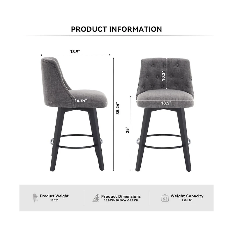 Set of 2 Swivel 25'' Counter Height Stools, Linen Upholstered Kitchen Island Chairs with Tufted Back -The Pop Home