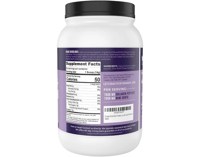 Left Coast Performance Collagen Bone Broth Powder 2lb, Bone Broth with Grass Fed Collagen Peptides