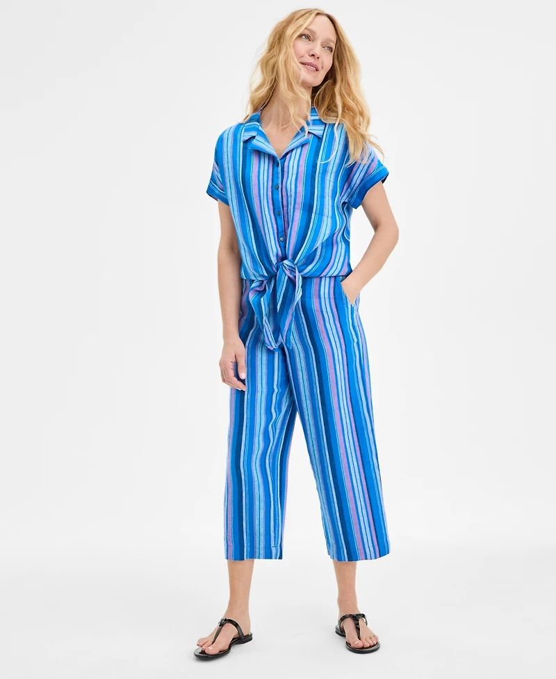Charter Club Women's Striped 100% Linen Tie-Front Top, Exclusively at Macy's