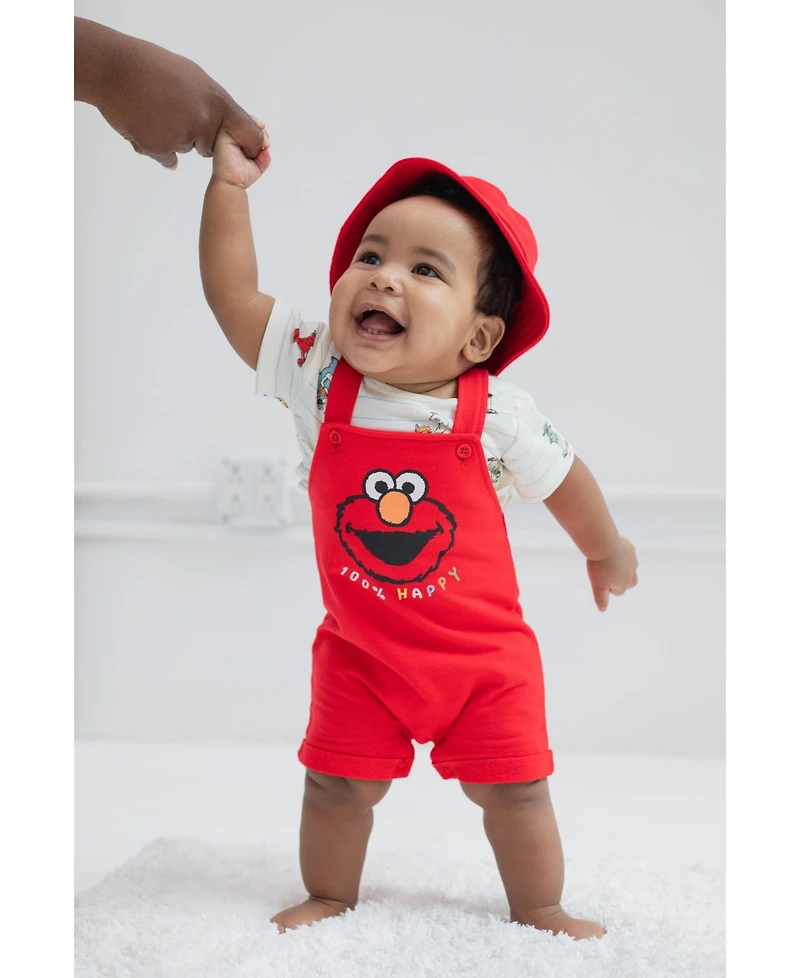 Sesame Street Baby Boys Elmo French Terry Short Overalls T-Shirt and Hat 3 Piece Outfit Set Newborn to