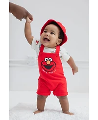 Sesame Street Baby Boys Elmo French Terry Short Overalls T-Shirt and Hat 3 Piece Outfit Set Newborn to