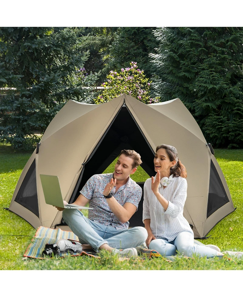 6-Sided Pop-up Family Tent with Rainfly, Skylight, 3 Doors, 3 Windows