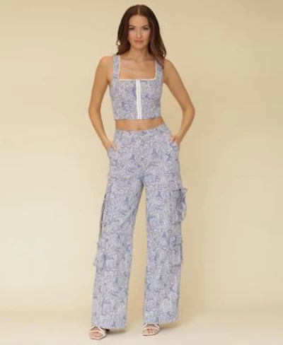 Avec Les Filles Womens Floral Print Lace Trim Square Neck Corset Top Floral Print Wide Leg Cargo Pants