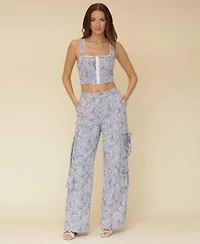 Avec Les Filles Womens Floral Print Lace Trim Square Neck Corset Top Floral Print Wide Leg Cargo Pants