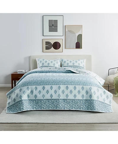 Linery & Co. Floral Stripe Printed Reversible Stitched Quilt Set with Shams - Vintage floral stripe