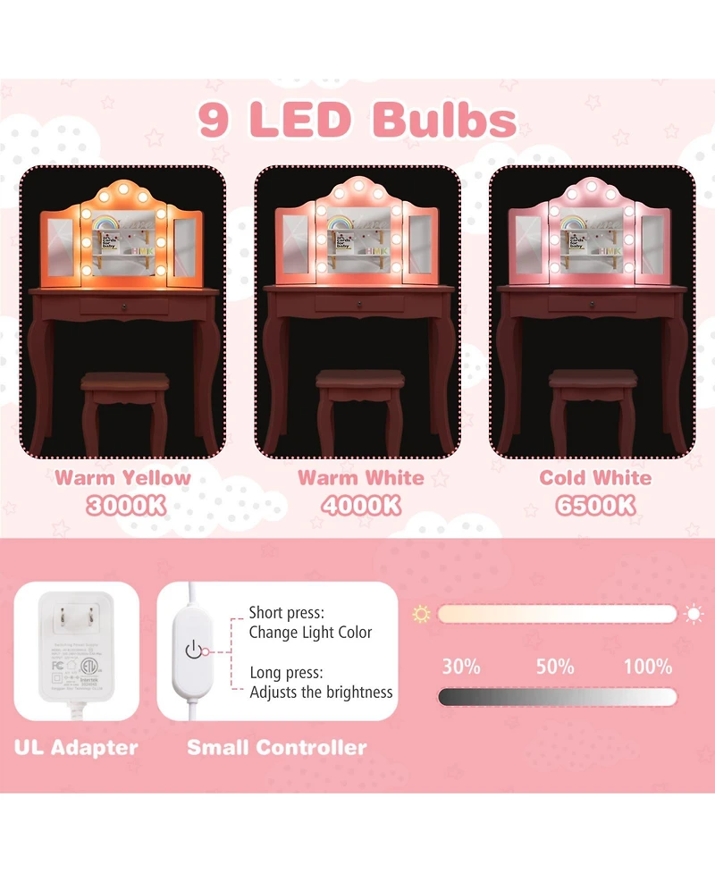 Kid Vanity Table Stool Set with Tri-Folding Mirror and 3-Color Led Lights