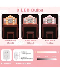 Kid Vanity Table Stool Set with Tri-Folding Mirror and 3-Color Led Lights