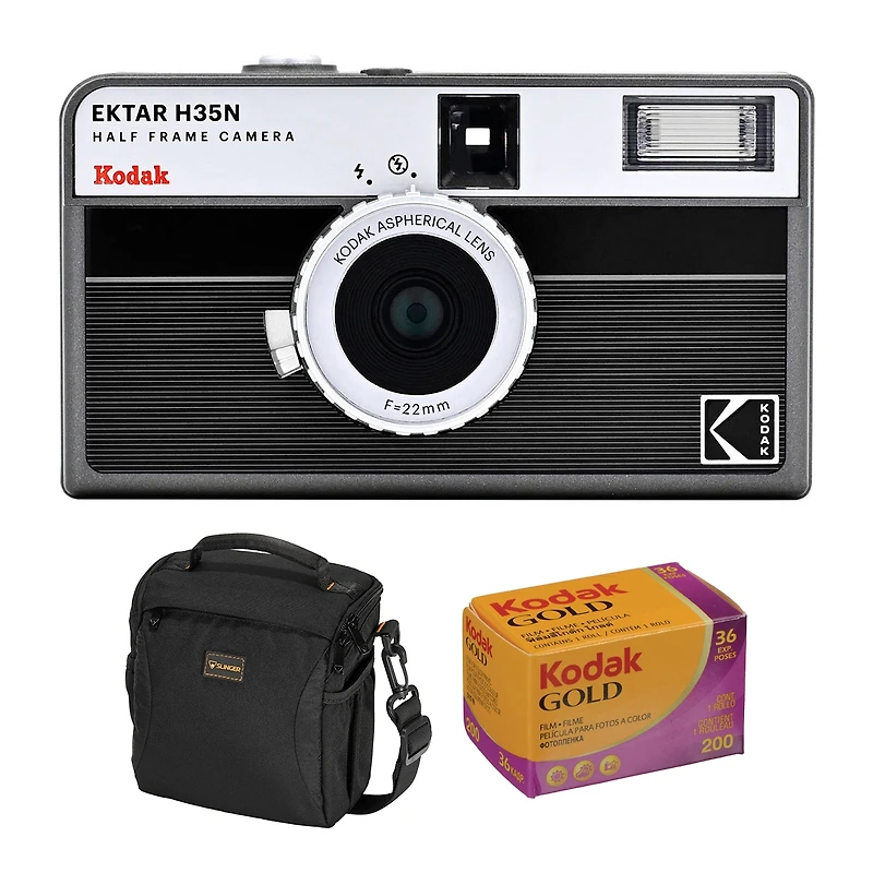 Kodak Ektar H35N Half Frame Film Camera, Striped Black, Bundle with Kodacolor Gold 200 35mm Color Negative Roll Film and Slinger Alpine Shoulder Bag