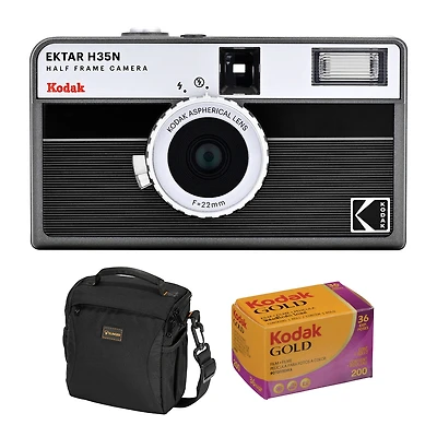 Kodak Ektar H35N Half Frame Film Camera, Striped Black, Bundle with Kodacolor Gold 200 35mm Color Negative Roll Film and Slinger Alpine Shoulder Bag
