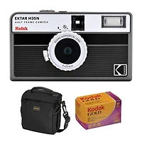 Kodak Ektar H35N Half Frame Film Camera, Striped Black, Bundle with Kodacolor Gold 200 35mm Color Negative Roll Film and Slinger Alpine Shoulder Bag