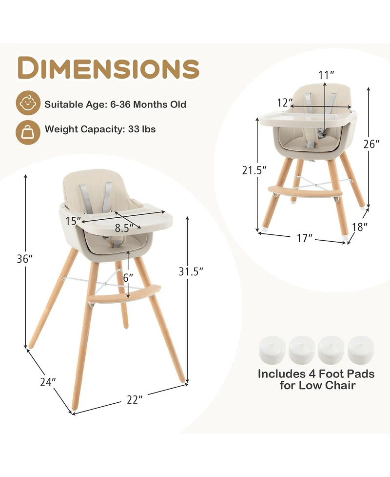 Gouun 3-in-1 Convertible Wooden High Chair with Cushion