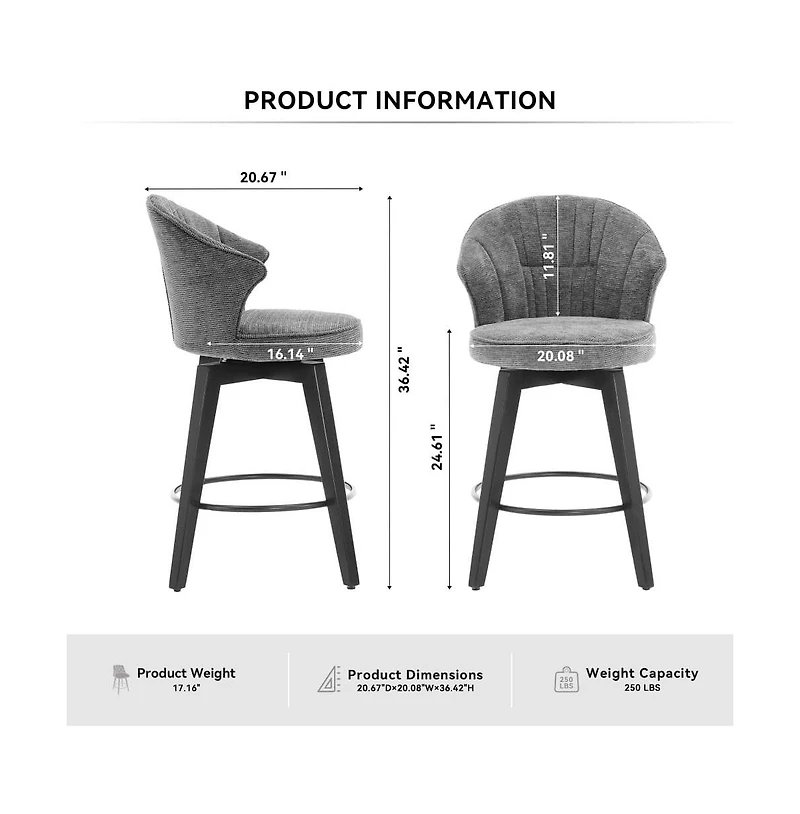 Set of 2 Swivel Counter Height Stools, 24.6" Chenille Upholstered Chairs with Wingback & Solid Wood Legs for Kitchen Island-The Pop Home
