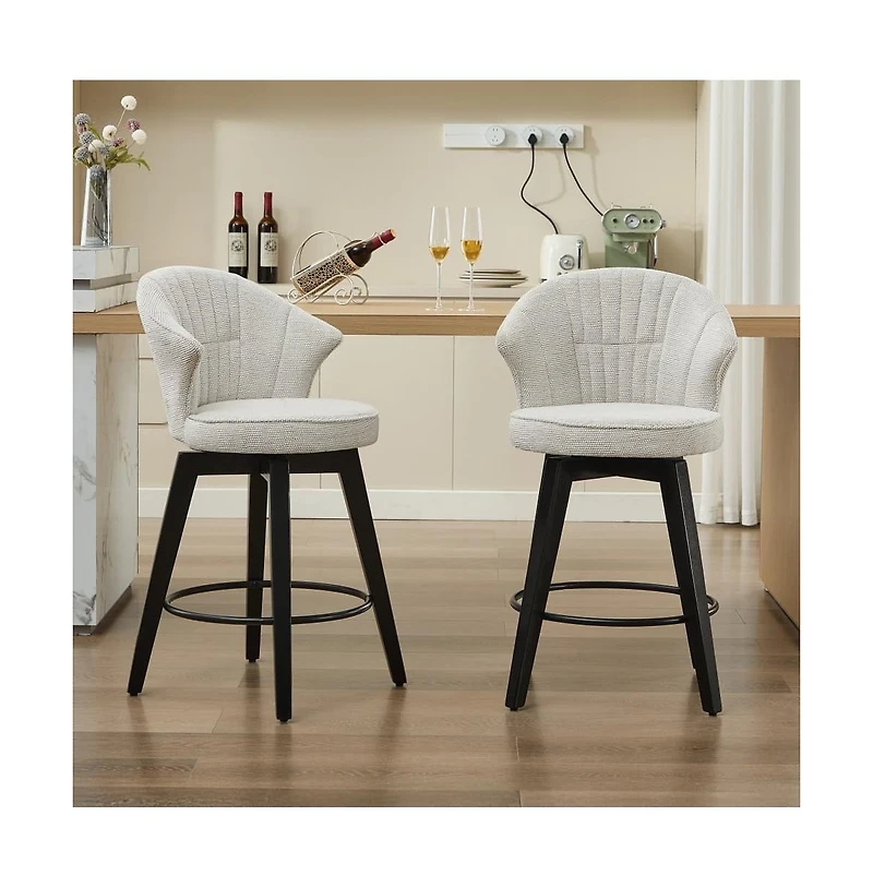 Set of 2 Swivel Counter Height Stools, 24.6" Chenille Upholstered Chairs with Wingback & Solid Wood Legs for Kitchen Island-The Pop Home