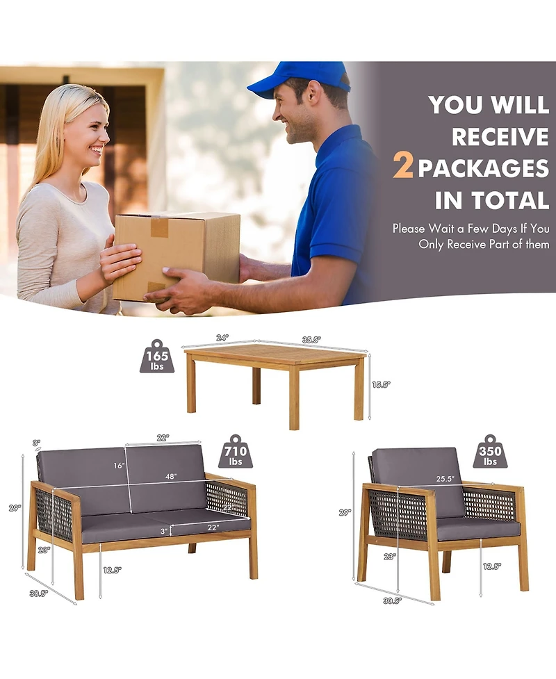 Gymax Piece Patio Pe Rattan Conversation Set Acacia Wood Furniture Set w/ Cushions