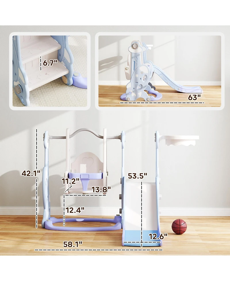 Qaba 4 in 1 Toddler Slide and Swing Set w/ Climber, Basketball Hoop,
