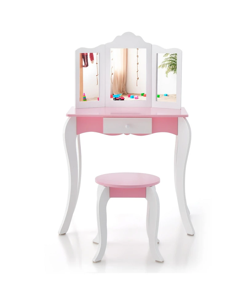 Kid's Wooden Vanity Table and Stool Set with 3-Panel Acrylic Mirror
