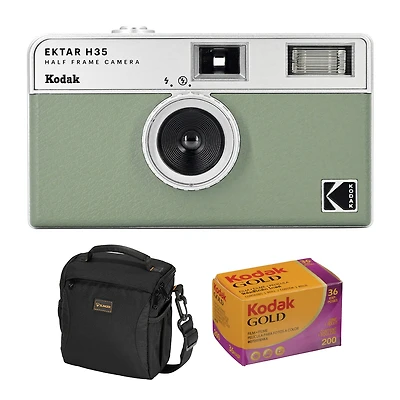 Kodak Ektar H35 Half Frame Film Camera, Sage, Bundle with Kodacolor Gold 200 35mm Color Negative Roll Film and Shoulder Bag