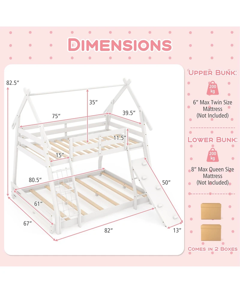 Twin Over Queen Bunk Bed Wooden Kids Bed with Climbing Nets and Ramp