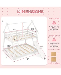 Twin Over Queen Bunk Bed Wooden Kids Bed with Climbing Nets and Ramp