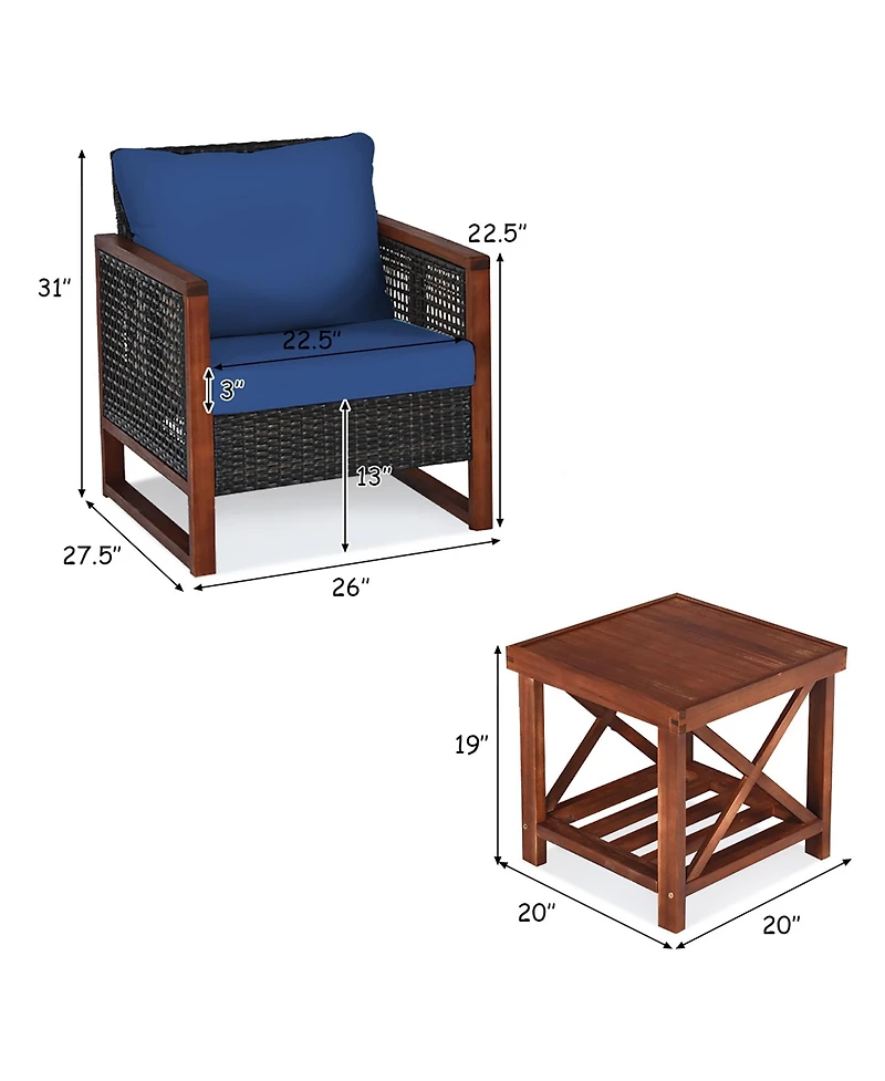 Gymax 3 Piece Outdoor Furniture Set Rattan Wicker Patio Conversation Set w/ Cushion