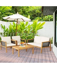 Gymax 4 Piece Patio Pe Rattan Conversation Set Acacia Wood Furniture Set w/ Cushions